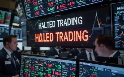 Ein Börsenticker-Bildschirm zeigt eine Aussetzung des Handels für ein Bergbauunternehmen an, mit unscharfen Händlern im Hintergrund. - Foto: über boerse-global.de