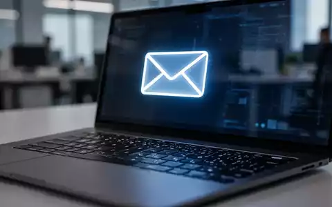 Nahaufnahme einer Laptoptastatur mit einem leuchtenden E-Mail-Symbol auf dem Bildschirm und unscharfem Bürohintergrund. - Foto: über boerse-global.de