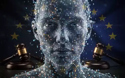 A digital human face made of data, with legal gavels and EU flag elements, symbolizing AI regulation against deepfakes. - Foto: über boerse-global.de