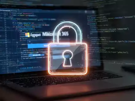 A stylized, glowing padlock icon superimposed over a blurred laptop screen displaying a Microsoft 365 login page and lines of code. - Foto: über boerse-global.de