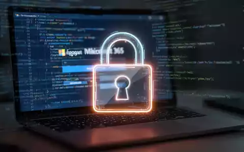 A stylized, glowing padlock icon superimposed over a blurred laptop screen displaying a Microsoft 365 login page and lines of code. - Foto: über boerse-global.de