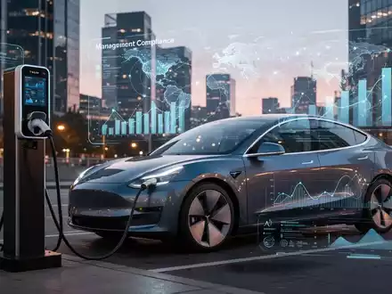 Ein modernes Elektroauto lädt an einer intelligenten Ladestation bei Dämmerung, überlagert mit digitalen Daten und KI-Analysen. - Foto: über boerse-global.de
