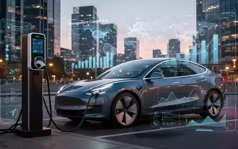Ein modernes Elektroauto lädt an einer intelligenten Ladestation bei Dämmerung, überlagert mit digitalen Daten und KI-Analysen. - Foto: über boerse-global.de
