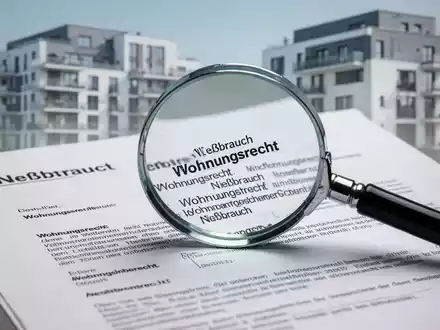 Ein Vergrößerungsglas auf einem deutschen Rechtsdokument, das Begriffe wie Wohnungsrecht und Nießbrauch hervorhebt, mit einem unscharfen Haus im Hintergrund. - Foto: über boerse-global.de