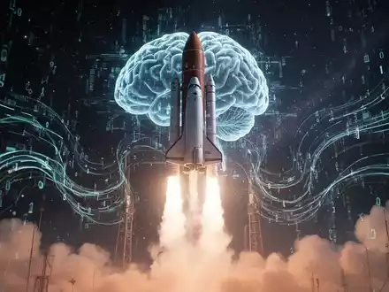 A stylized rocket launching into space with a glowing, abstract brain and data lines, representing the merger of space and AI technology. - Foto: über boerse-global.de