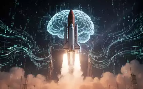 A stylized rocket launching into space with a glowing, abstract brain and data lines, representing the merger of space and AI technology. - Foto: über boerse-global.de