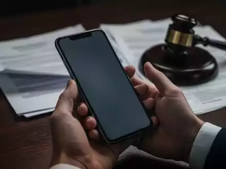 Eine Hand hält ein Smartphone, mit unscharfen juristischen Dokumenten und einem Richthammer im Hintergrund auf einem dunklen Holztisch. - Foto: über boerse-global.de