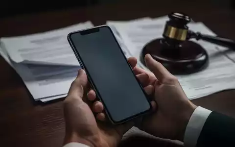 Eine Hand hält ein Smartphone, mit unscharfen juristischen Dokumenten und einem Richthammer im Hintergrund auf einem dunklen Holztisch. - Foto: über boerse-global.de