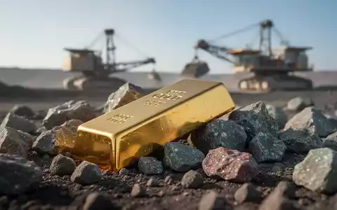 Ein goldener Barren und rohes Mineralerz, mit einer angedeuteten modernen Mine im Hintergrund. - Foto: über boerse-global.de