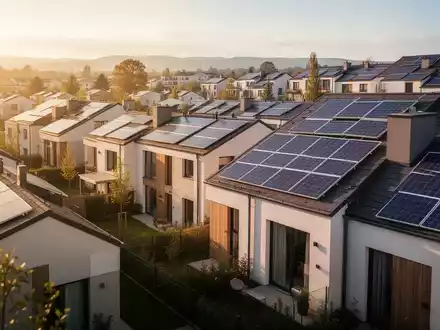 Ein modernes Wohnviertel mit Solarpaneelen auf den Dächern, beleuchtet von der Sonne, symbolisiert neue Regeln für Solarstrom. - Foto: über boerse-global.de