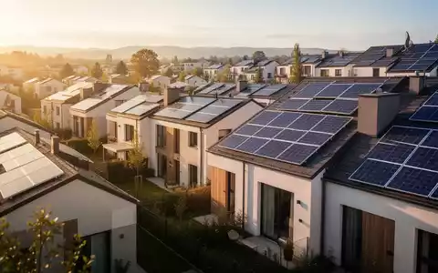 Ein modernes Wohnviertel mit Solarpaneelen auf den Dächern, beleuchtet von der Sonne, symbolisiert neue Regeln für Solarstrom. - Foto: über boerse-global.de