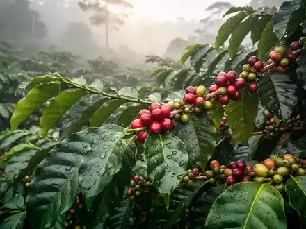 Kaffeepflanzen mit glänzenden Regentropfen und reifen roten Kaffeekirschen auf einer Plantage, die Wachstum symbolisieren. - Foto: über boerse-global.de