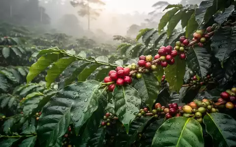 Kaffeepflanzen mit glänzenden Regentropfen und reifen roten Kaffeekirschen auf einer Plantage, die Wachstum symbolisieren. - Foto: über boerse-global.de
