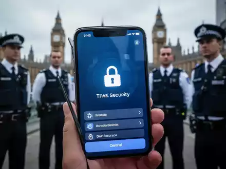 Ein iPhone-Bildschirm zeigt ein Schlosssymbol und Sicherheitseinstellungen, im Hintergrund verschwommene Polizisten und London. - Foto: über boerse-global.de