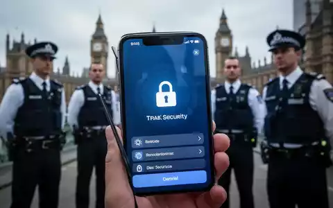 Ein iPhone-Bildschirm zeigt ein Schlosssymbol und Sicherheitseinstellungen, im Hintergrund verschwommene Polizisten und London. - Foto: über boerse-global.de