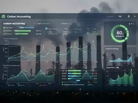 Ein digitales Dashboard zeigt komplexe CO2-Bilanzierungsdaten und Grafiken, mit Fabrikschornsteinen im Hintergrund. Es symbolisiert Carbon Accounting. - Foto: über boerse-global.de