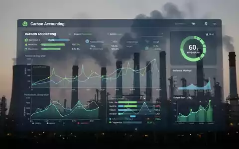 Ein digitales Dashboard zeigt komplexe CO2-Bilanzierungsdaten und Grafiken, mit Fabrikschornsteinen im Hintergrund. Es symbolisiert Carbon Accounting. - Foto: über boerse-global.de