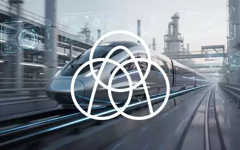 Ein futuristischer Hochgeschwindigkeitszug auf einer Strecke, umgeben von einer modernen Industrielandschaft und Technologieelementen. - Foto: über boerse-global.de