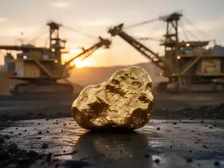 Ein goldener Nugget auf dunklem Untergrund mit einer unscharfen modernen Goldmine im Hintergrund bei Sonnenaufgang. - Foto: über boerse-global.de