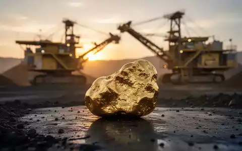 Ein goldener Nugget auf dunklem Untergrund mit einer unscharfen modernen Goldmine im Hintergrund bei Sonnenaufgang. - Foto: über boerse-global.de
