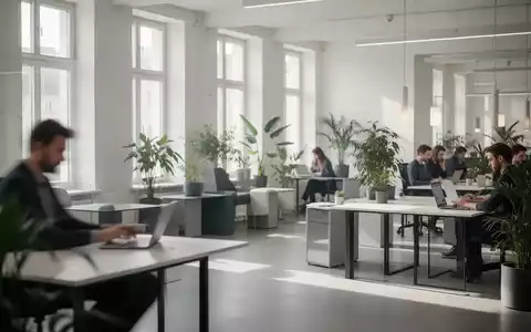 Ein minimalistischer Coworking Space in Berlin mit viel natürlichem Licht und verschwommenen Personen, die an Laptops arbeiten. - Foto: über boerse-global.de