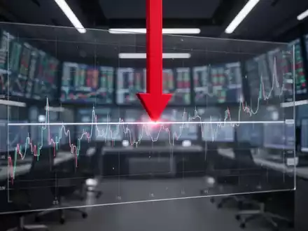Ein roter Pfeil zeigt auf einem digitalen Chart nach unten, durchbricht eine Unterstützungslinie vor einem Finanzhandelsraum. - Foto: über boerse-global.de