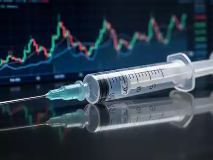 Eine medizinische Spritze mit einem verschwommenen digitalen Finanzgraphen im Hintergrund, der Kosten und medizinische Aspekte symbolisiert. - Foto: über boerse-global.de