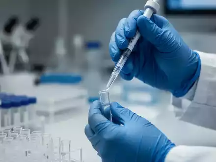 Nahaufnahme von Händen in blauen Handschuhen, die präzise Flüssigkeit in ein Reagenzglas in einem Labor pipettieren. - Foto: über boerse-global.de