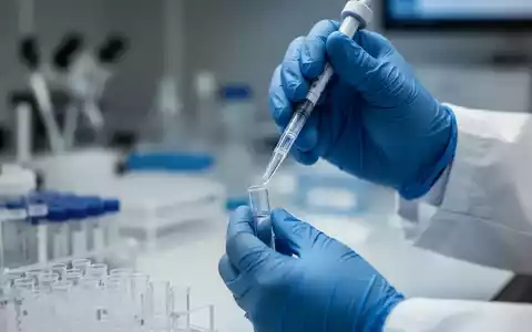Nahaufnahme von Händen in blauen Handschuhen, die präzise Flüssigkeit in ein Reagenzglas in einem Labor pipettieren. - Foto: über boerse-global.de