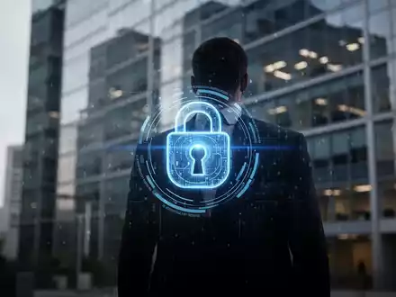 Eine verschwommene, geschäftliche Silhouette vor einem modernen Gebäude, mit einem subtilen blauen digitalen Overlay, das Sicherheit symbolisiert. - Foto: über boerse-global.de