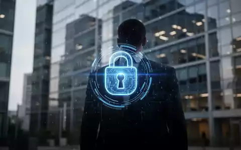 Eine verschwommene, geschäftliche Silhouette vor einem modernen Gebäude, mit einem subtilen blauen digitalen Overlay, das Sicherheit symbolisiert. - Foto: über boerse-global.de