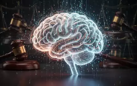 Eine stilisierte Darstellung eines leuchtenden Gehirns aus digitalen Datenströmen mit verschwommenen juristischen Symbolen im Hintergrund. - Foto: über boerse-global.de