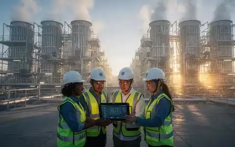 Eine weitläufige Wasserstoff-Produktionsanlage mit riesigen Brennstoffzellen und Ingenieuren, die Pläne prüfen. - Foto: über boerse-global.de