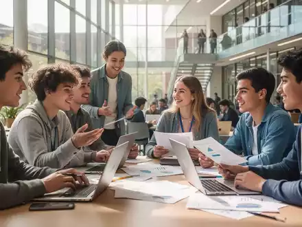 Junge Akademiker diskutieren in einem modernen Universitätsgebäude, umgeben von Laptops und Forschungsdokumenten. - Foto: über boerse-global.de