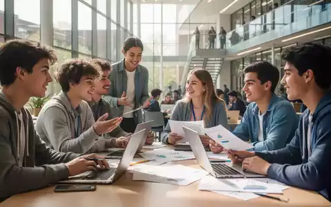 Junge Akademiker diskutieren in einem modernen Universitätsgebäude, umgeben von Laptops und Forschungsdokumenten. - Foto: über boerse-global.de
