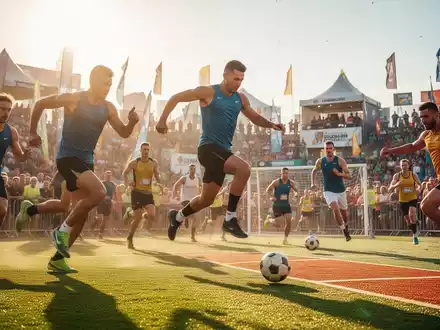 Eine dynamische Szene eines Sportfestes mit Athleten, die verschiedene Sportarten ausüben, umgeben von Zuschauern und Festzelten. - Foto: über boerse-global.de