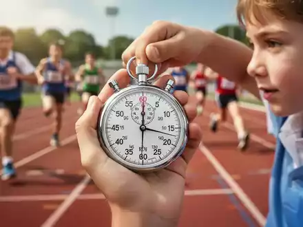 Nahaufnahme einer Stoppuhr in der Hand eines Kindes, mit verschwommenen Leichtathletik-Veranstaltungen im Hintergrund. - Foto: über boerse-global.de