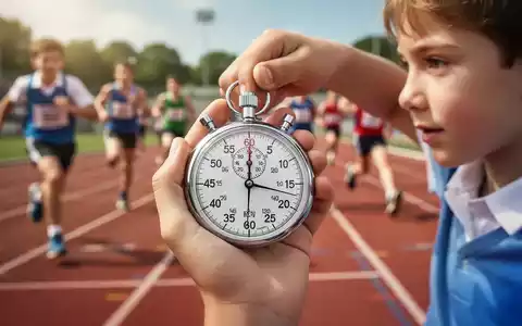 Nahaufnahme einer Stoppuhr in der Hand eines Kindes, mit verschwommenen Leichtathletik-Veranstaltungen im Hintergrund. - Foto: über boerse-global.de