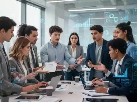 Junge Fachkräfte in einem modernen Büro, die zusammenarbeiten und digitale Bildschirme mit Datenanalysen im Hintergrund zeigen. - Foto: über boerse-global.de