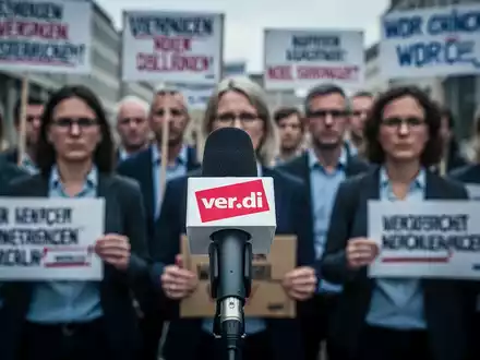 Nahaufnahme eines Mikrofons mit ver.di-Logo und im Hintergrund demonstrierende WDR-Mitarbeiter mit Protestschildern. - Foto: über boerse-global.de