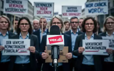 Nahaufnahme eines Mikrofons mit ver.di-Logo und im Hintergrund demonstrierende WDR-Mitarbeiter mit Protestschildern. - Foto: über boerse-global.de