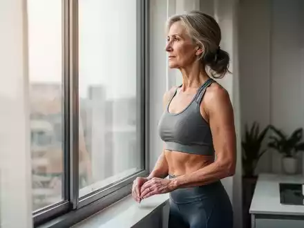 Eine nachdenkliche Frau mittleren Alters in Sportkleidung blickt aus einem Fenster, symbolisiert Gesundheit und neue Anfänge. - Foto: über boerse-global.de