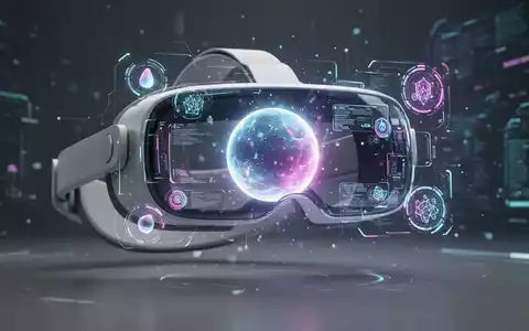 A close-up of a futuristic augmented reality headset displaying a vibrant holographic interface with a glowing, animated 3D orb. - Foto: über boerse-global.de