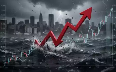 Ein dramatischer Abwärtspfeil stürzt durch ein Finanzdiagramm, das einen starken Börsenabsturz symbolisiert, mit einer stürmischen Stadt im Hintergrund. - Foto: über boerse-global.de