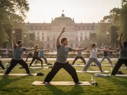 Eine vielfältige Gruppe von Menschen praktiziert Yoga und Qi Gong in einem ruhigen Park bei Sonnenaufgang, mit dem Karlsruher Schloss im Hintergrund. - Foto: über boerse-global.de