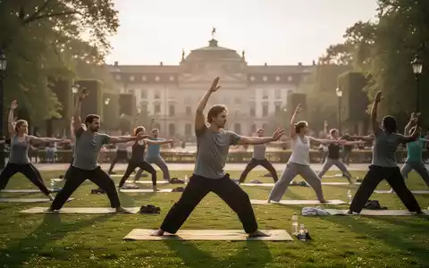 Eine vielfältige Gruppe von Menschen praktiziert Yoga und Qi Gong in einem ruhigen Park bei Sonnenaufgang, mit dem Karlsruher Schloss im Hintergrund. - Foto: über boerse-global.de