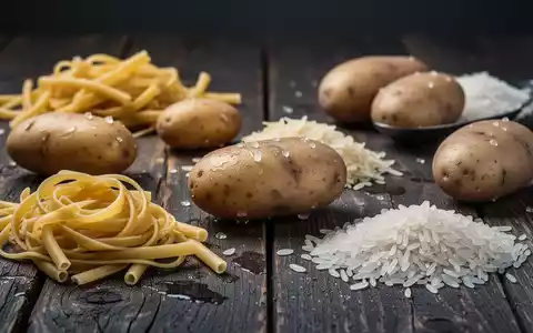 Nahaufnahme von abgekühlten, kohlenhydratreichen Lebensmitteln wie Nudeln, Kartoffeln und Reis auf einem Holztisch. - Foto: über boerse-global.de