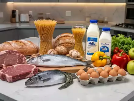 Eine Auswahl frischer Lebensmittel auf einer modernen Küchenzeile, darunter Fleisch, Fisch, Brot, Nudeln, Milchprodukte, Eier, Gemüse und Obst. - Foto: über boerse-global.de