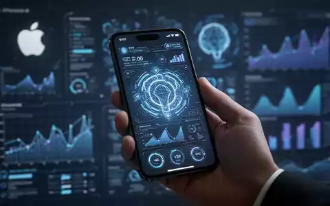 A close-up of a person holding a modern iPhone displaying a futuristic, AI-powered user interface. - Foto: über boerse-global.de