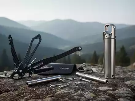 Leichte, langlebige Outdoor-Ausrüstung im minimalistischen Stil, wie Rucksack, Schuhe und Smartwatch, in einer natürlichen Umgebung. - Foto: über boerse-global.de